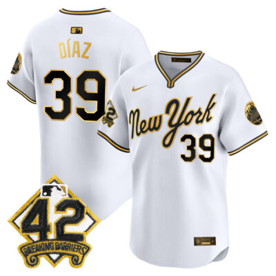 New York Mets 2025 Jackie Robinson Patch Road Alternate Jersey  White Gold Edwin Diaz
